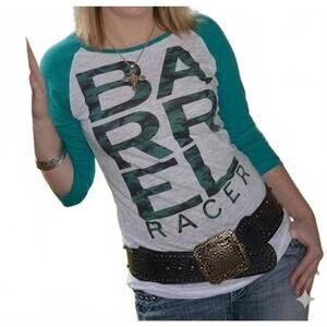 NEW ORIGINAL COWGIRL CLOTHING barrel racer burnout baseball tee in white, green